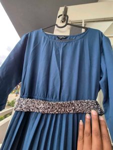 Elegant Blue Pleated Dress, With Belt