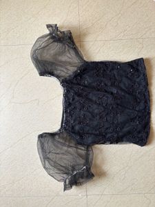 Black Sequined Sheer Sleeve Blouse