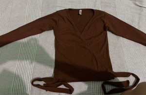 Brown V-Neck Wrap Top