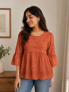Rust Embroidered Peplum Cotton Top for Women | Rou