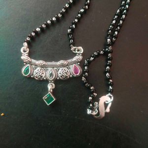 PureSilver Single Line Green&amp;Pink Stone Mangalsutr