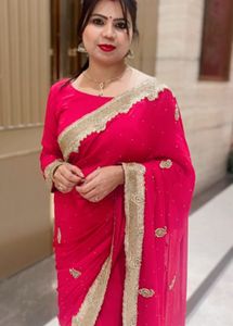 Shiffon bright red partywear saree, golden stone