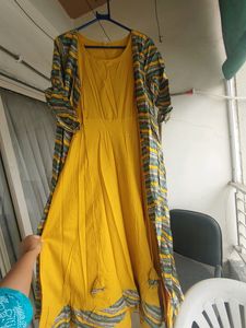 Aks Clothing, Medium Size, Long Ankle Length Yellow Kurti With In Built Koti
