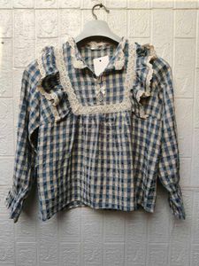 New with tag Korean Cute Gingham Ruffle Blouse