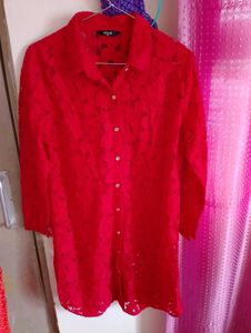 Splash Red Lace Button-Down Tunic