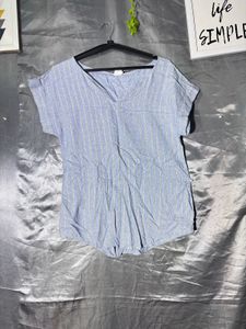 Light Blue Striped V-Neck Top