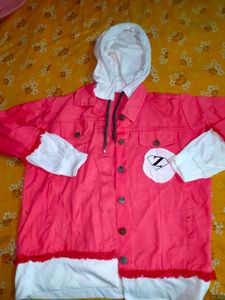 Stylish Coral Denim Jacket with White Hoodie Detai