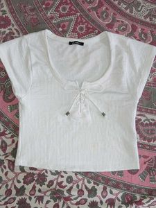 White Cropped Lace-Up Top