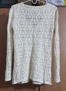 Cream Textured V-Neck Long Sleeve Kitted Top