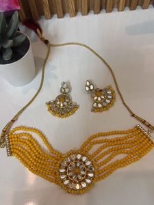 Exquisite Yellow Beaded Choker Set with Earrings