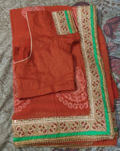 Orange Saree with Embellished Border & Blouse