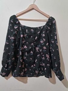 Chic Floral Print Square Neck Button-Up Blouse