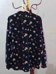 Navy Floral Print Ruffle Neck Top