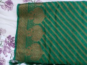 Green &amp; Gold Striped Saree Fixed Price