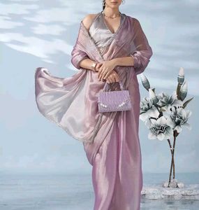 Elegant Sequinned satin Saree With Silver Border