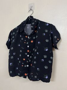 Black Floral Print Button-Up Shirt