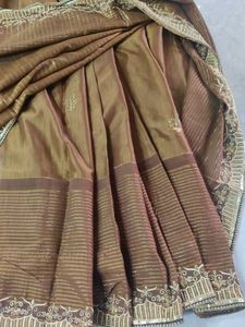 Elegant Brown Striped Saree with Gold Embroidery