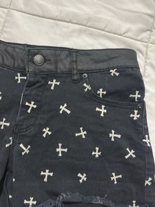 Black Cross Print Denim Shorts