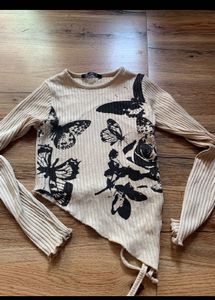 Beige Butterfly Print Long Sleeve Top