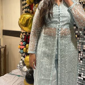 Light Blue Embroidered Longline Top