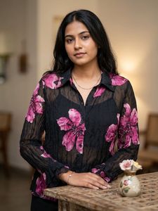 Sheer Floral Print Button-Up Shirt