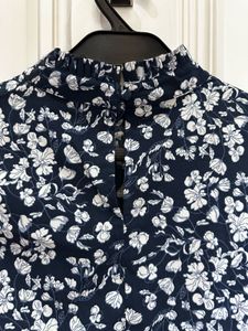 Navy Blue Floral Print Ruffle Collar Top