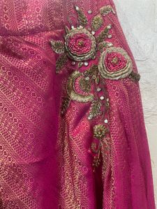 Elegant Gold &amp; Pink Brocade Lehenga Set