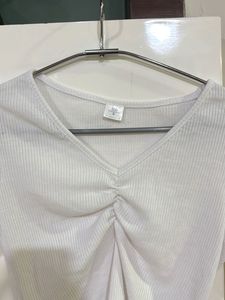 White Ruched V-Neck Top