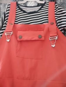 Coral Pinafore Dress & Striped Tee Set