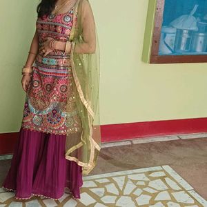 Embroidered Kurta with Palazzo and Dupatta