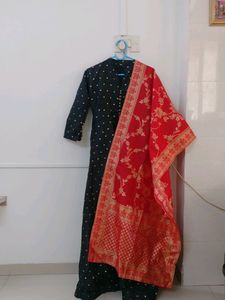 Black Gown With Red Banarsi Dupatta