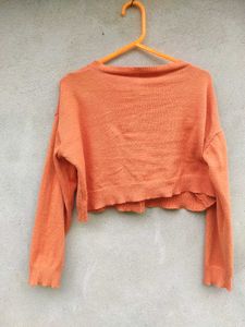 Orange Cropped Cardigan with Pearl Buttons