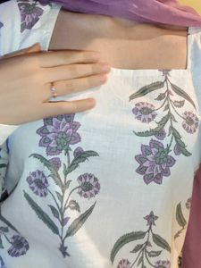 White Floral Printed Kurti with Dupatta | Cotton |