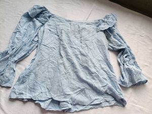 Baby Blue Off-Shoulder Ruffle Sleeve Blouse