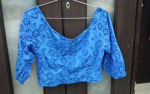 Blue Broderie Anglaise Crop Top