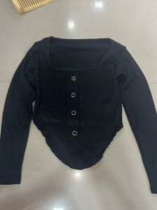 Black Ribbed Square Neck Long Sleeve Top