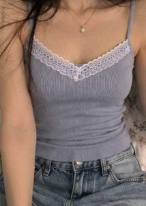 ⊹♡ Cute Ribbed Lace-Trim Cami Top ✨️🎀