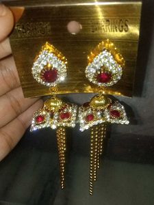 Stunning Gold Earrings with Red &amp; White Stones