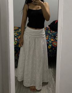 White Cotton Embroidered Maxi Skirt