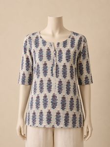 Blue Floral Print Cotton Kurta