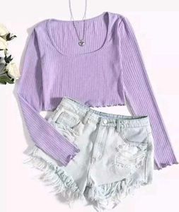 Combo Pack -2 Lilac Ribbed Crop Top &amp; Denim Shorts