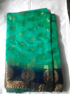 Green &amp; Gold Saree With Blouse.