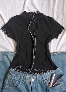Black Ribbed Lettuce Hem Mock Neck Fitted Crop Top