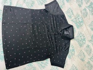 Black Printed Polo T-Shirt with Pink Heart