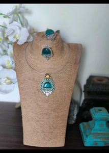 Brass Teal &amp; Silver Necklace &amp; earring Set