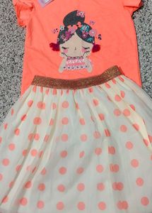 Cute Girls Orange T-Shirt and Polka Dot Skirt Set
