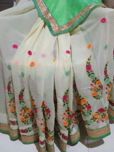 Cream Saree with Embroidered Floral Border