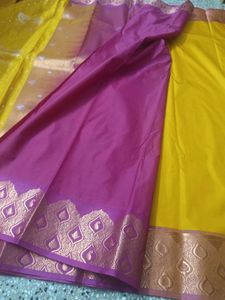beautiful yellow and pink semi silk saree