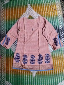 Stylish Pink Striped Kurti with Blue Floral Print