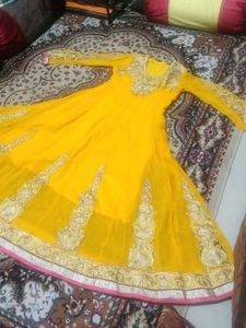 New Yellow Embroidered anarkali long suit set